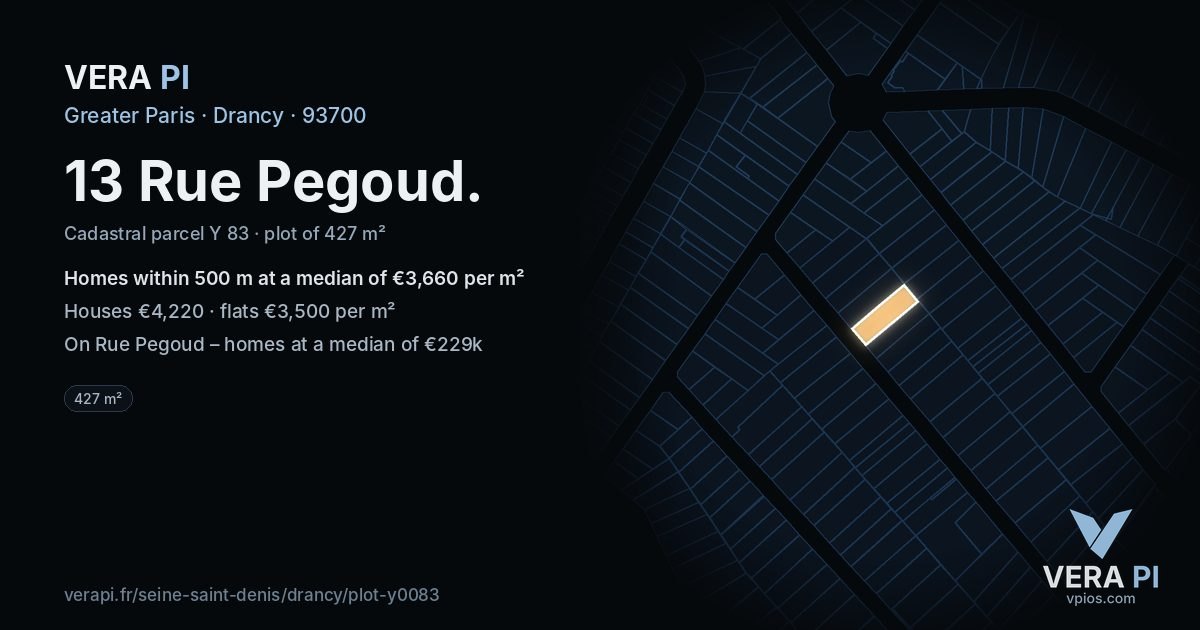 13 Rue Pegoud, Drancy at night – the plot lit, the parcels around coloured by the prices near them