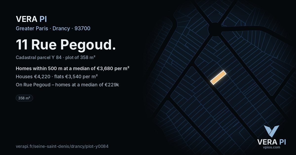 11 Rue Pegoud, Drancy at night – the plot lit, the parcels around coloured by the prices near them