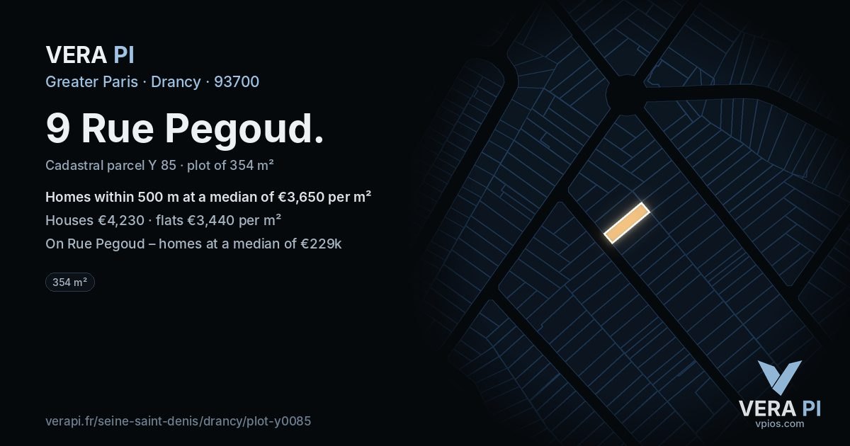 9 Rue Pegoud, Drancy at night – the plot lit, the parcels around coloured by the prices near them