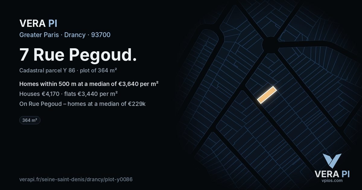 7 Rue Pegoud, Drancy at night – the plot lit, the parcels around coloured by the prices near them