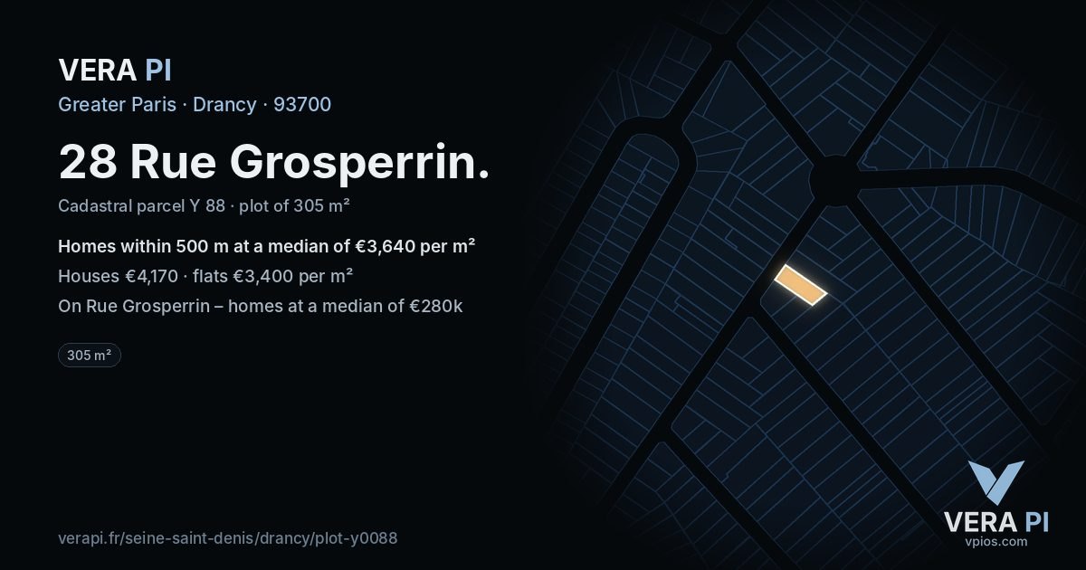 28 Rue Grosperrin, Drancy at night – the plot lit, the parcels around coloured by the prices near them