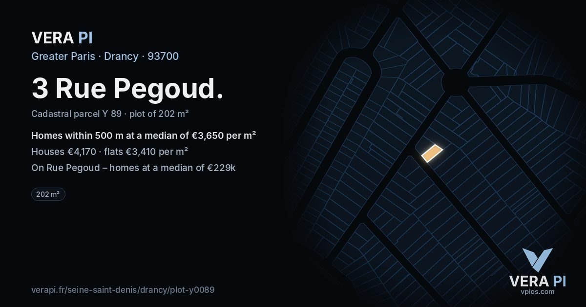 3 Rue Pegoud, Drancy at night – the plot lit, the parcels around coloured by the prices near them