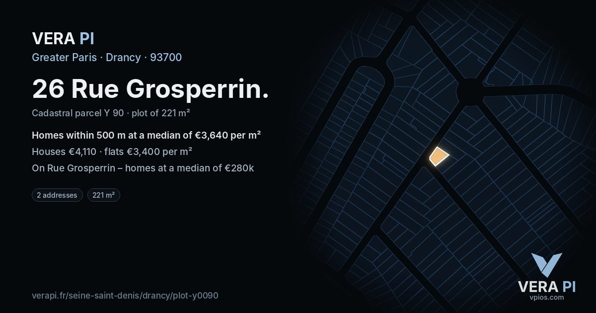 26 Rue Grosperrin, Drancy at night – the plot lit, the parcels around coloured by the prices near them