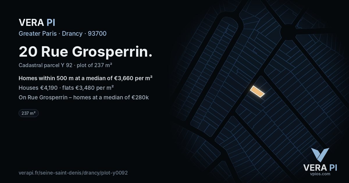 20 Rue Grosperrin, Drancy at night – the plot lit, the parcels around coloured by the prices near them
