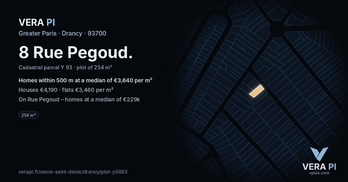 8 Rue Pegoud, Drancy at night – the plot lit, the parcels around coloured by the prices near them