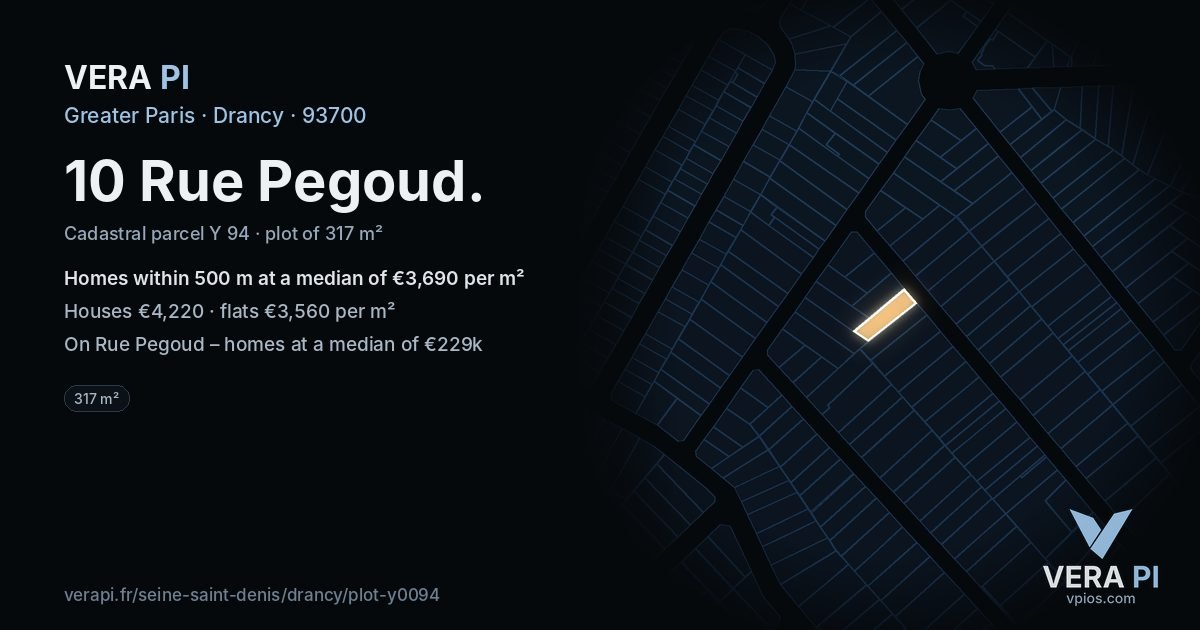 10 Rue Pegoud, Drancy at night – the plot lit, the parcels around coloured by the prices near them