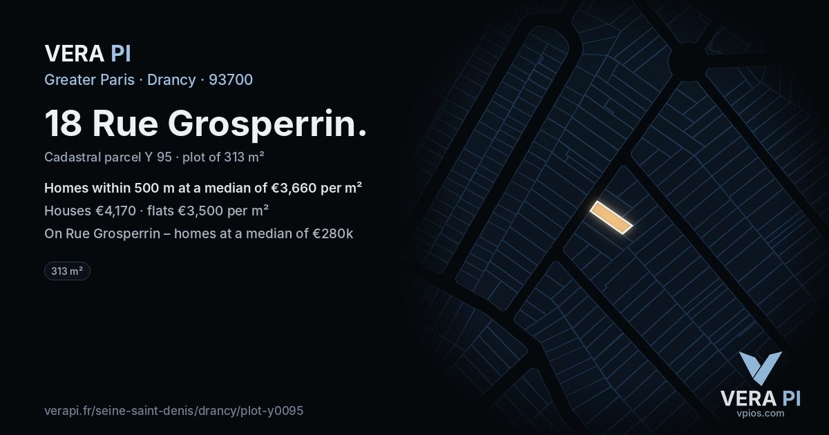 18 Rue Grosperrin, Drancy at night – the plot lit, the parcels around coloured by the prices near them