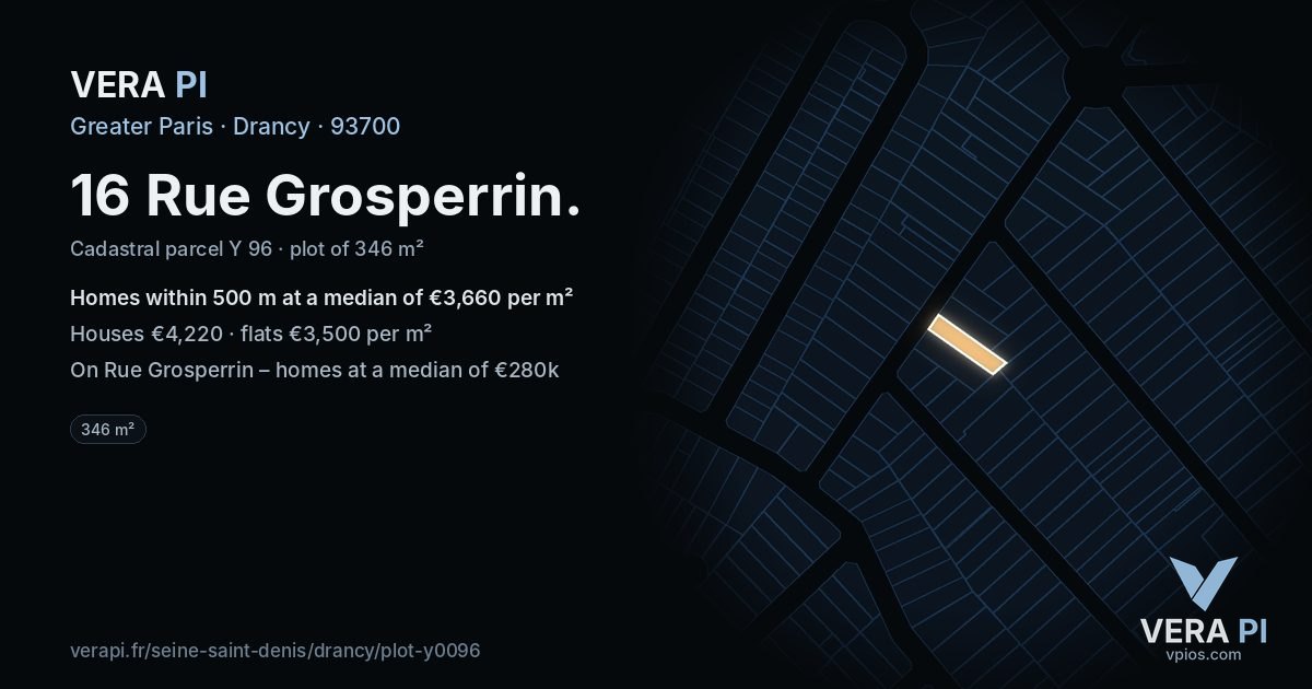 16 Rue Grosperrin, Drancy at night – the plot lit, the parcels around coloured by the prices near them