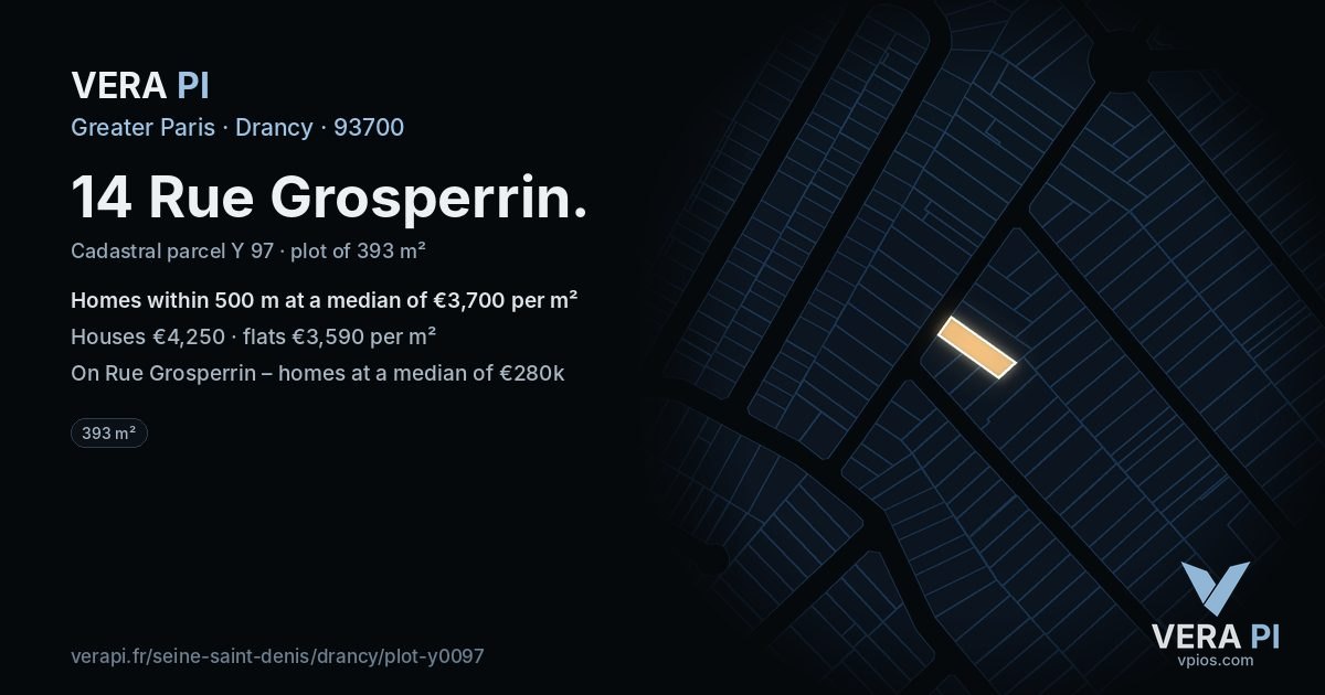 14 Rue Grosperrin, Drancy at night – the plot lit, the parcels around coloured by the prices near them