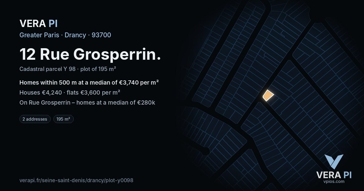 12 Rue Grosperrin, Drancy at night – the plot lit, the parcels around coloured by the prices near them