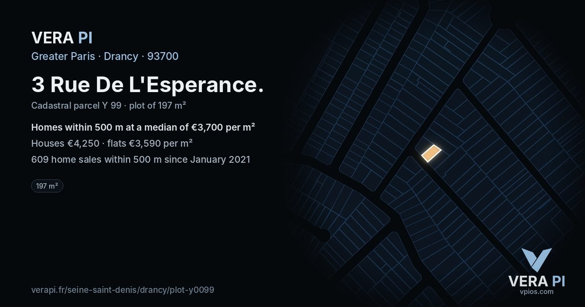 3 Rue De L'Esperance, Drancy at night – the plot lit, the parcels around coloured by the prices near them