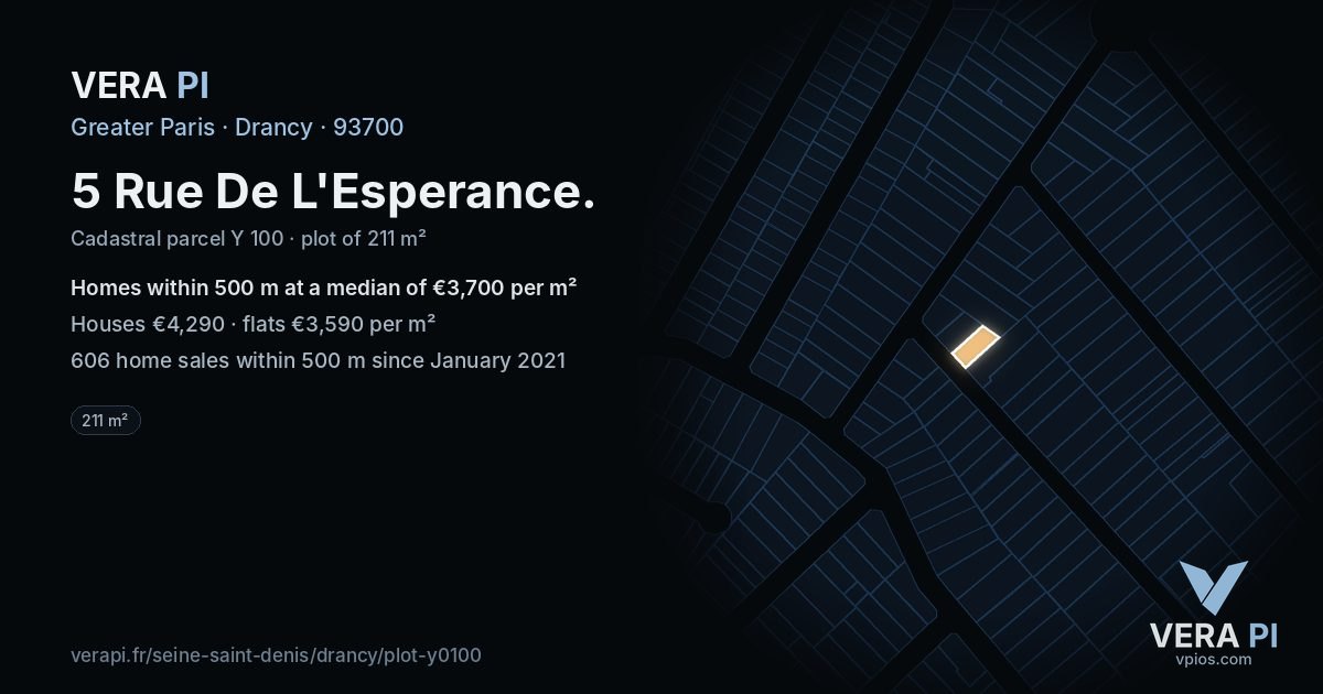 5 Rue De L'Esperance, Drancy at night – the plot lit, the parcels around coloured by the prices near them