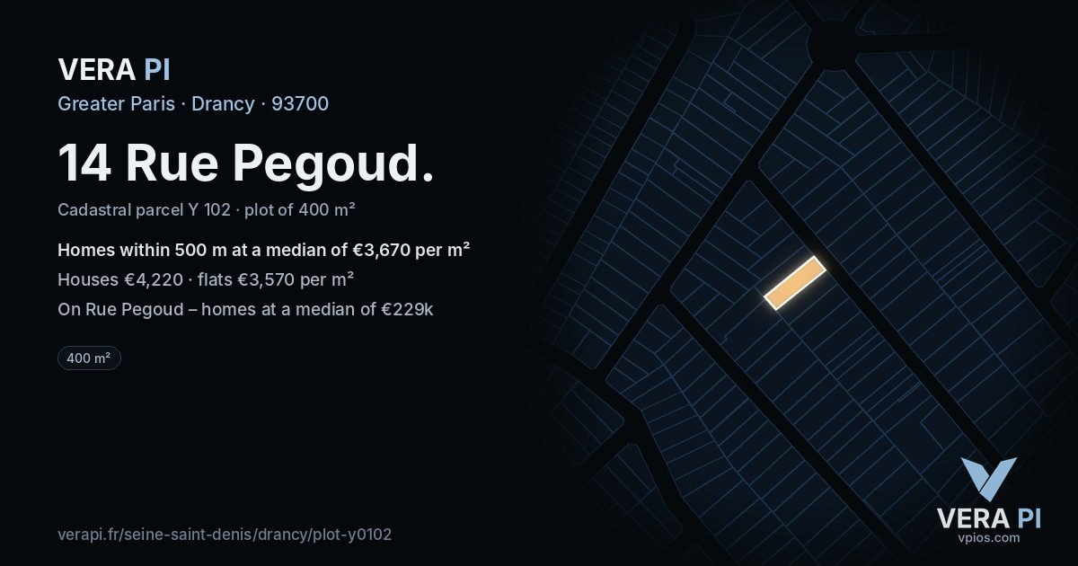 14 Rue Pegoud, Drancy at night – the plot lit, the parcels around coloured by the prices near them