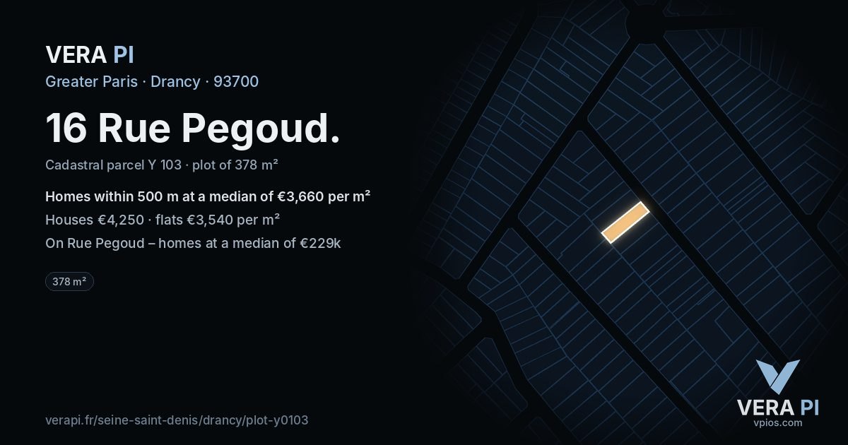 16 Rue Pegoud, Drancy at night – the plot lit, the parcels around coloured by the prices near them