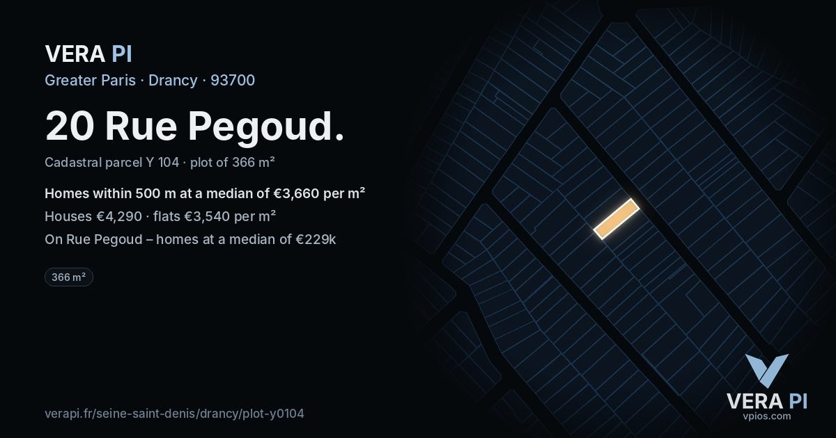 20 Rue Pegoud, Drancy at night – the plot lit, the parcels around coloured by the prices near them