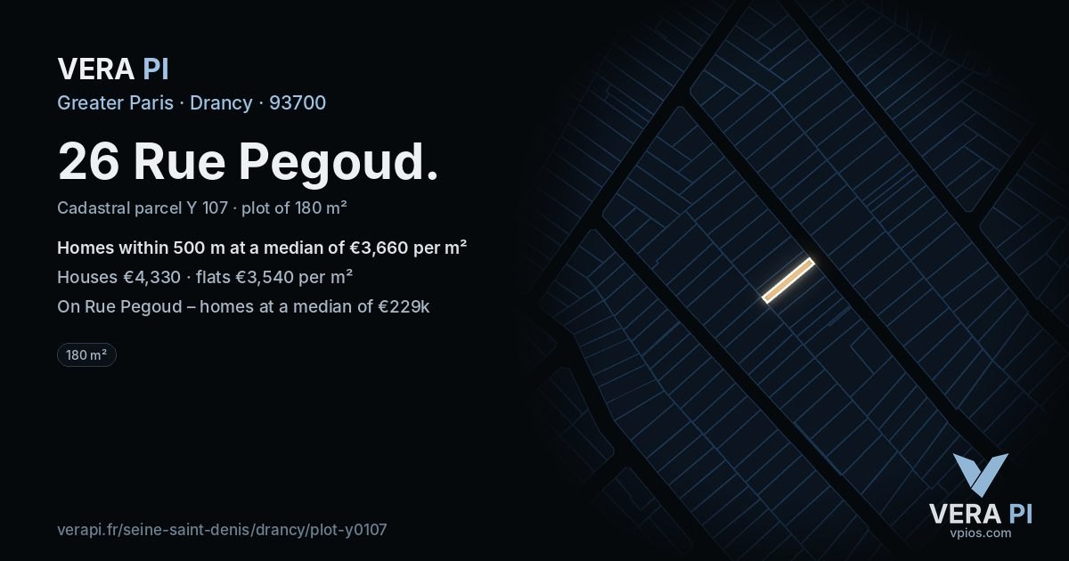 26 Rue Pegoud, Drancy at night – the plot lit, the parcels around coloured by the prices near them