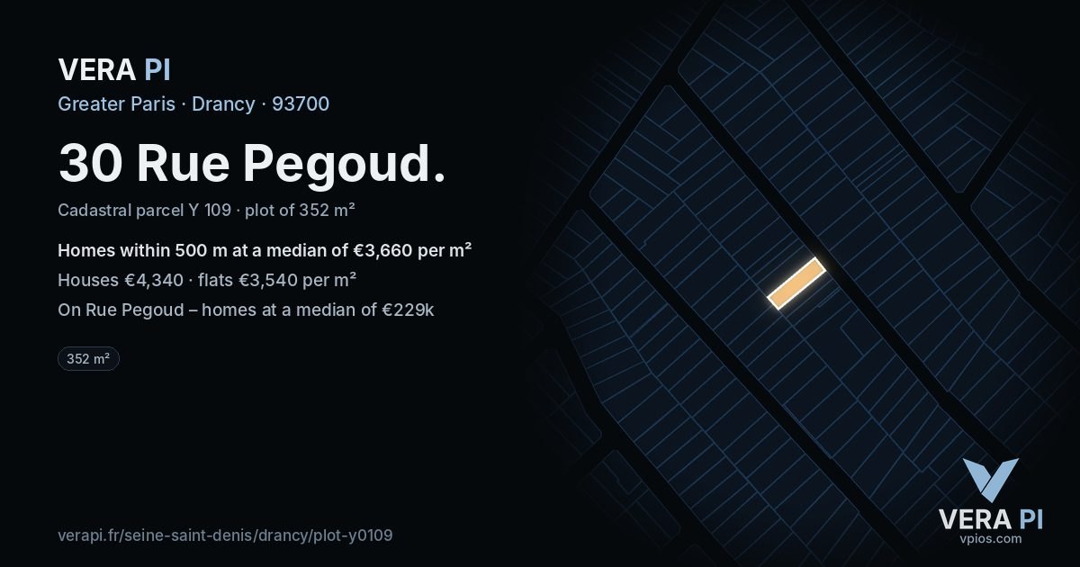 30 Rue Pegoud, Drancy at night – the plot lit, the parcels around coloured by the prices near them