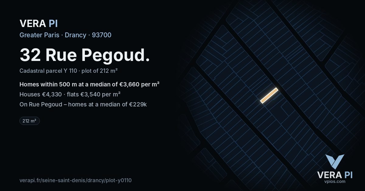 32 Rue Pegoud, Drancy at night – the plot lit, the parcels around coloured by the prices near them