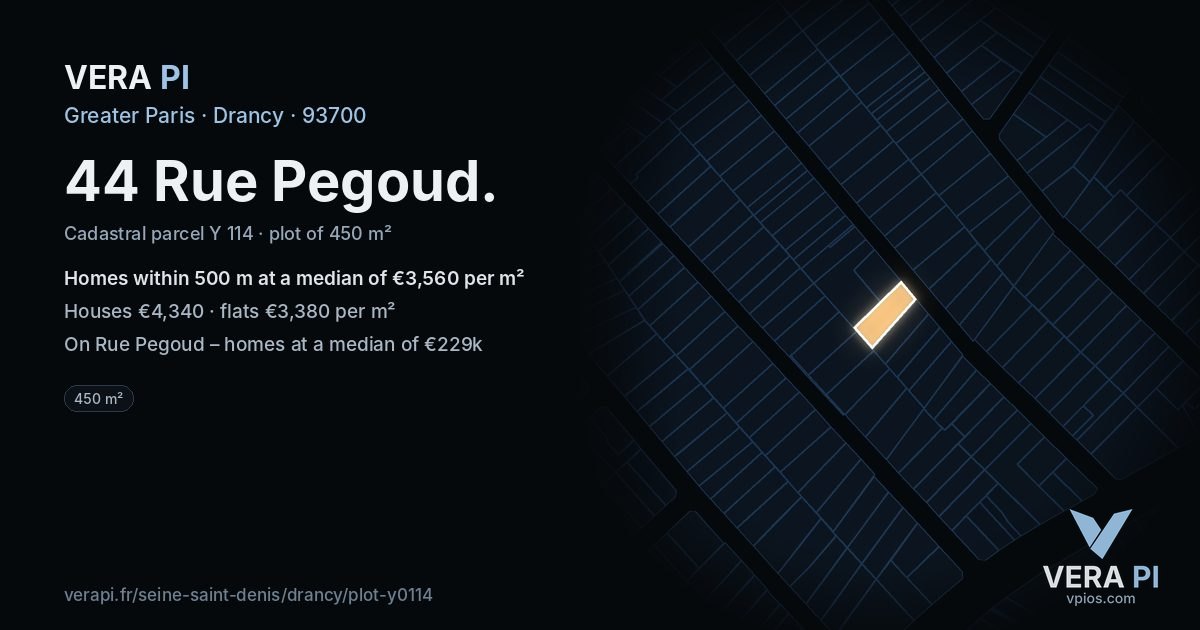 44 Rue Pegoud, Drancy at night – the plot lit, the parcels around coloured by the prices near them