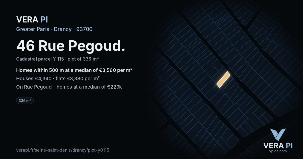 46 Rue Pegoud, Drancy at night – the plot lit, the parcels around coloured by the prices near them