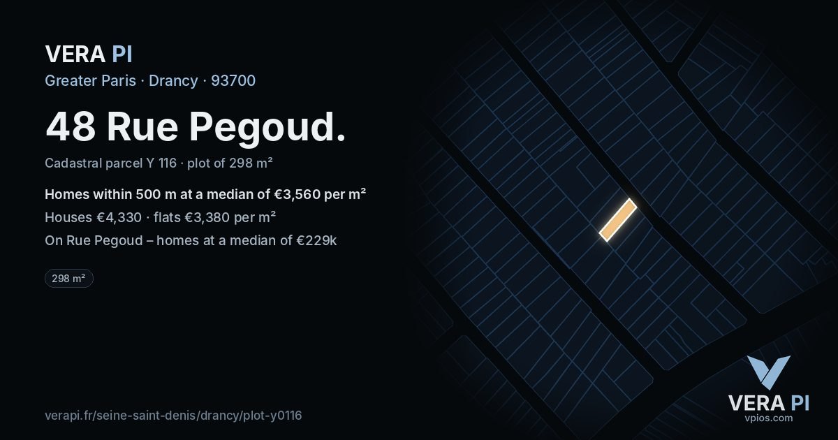 48 Rue Pegoud, Drancy at night – the plot lit, the parcels around coloured by the prices near them