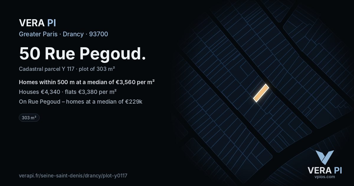 50 Rue Pegoud, Drancy at night – the plot lit, the parcels around coloured by the prices near them