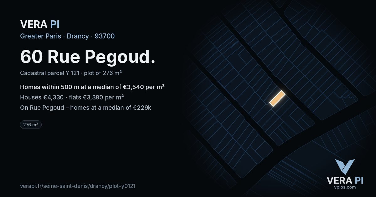 60 Rue Pegoud, Drancy at night – the plot lit, the parcels around coloured by the prices near them