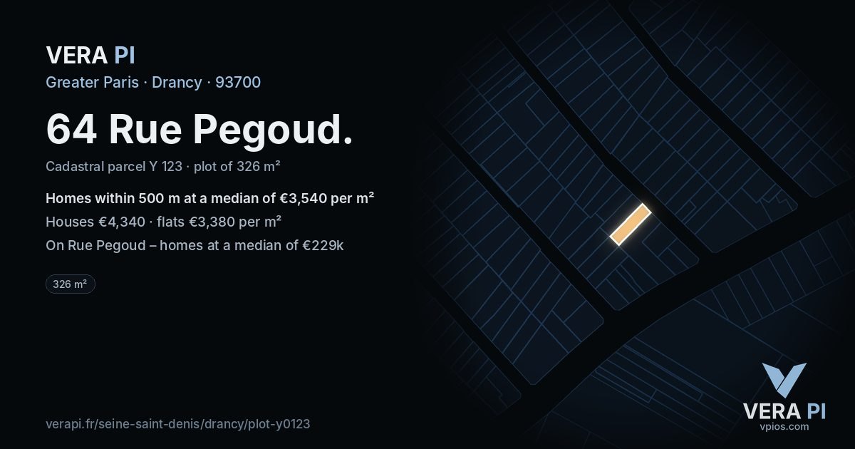 64 Rue Pegoud, Drancy at night – the plot lit, the parcels around coloured by the prices near them
