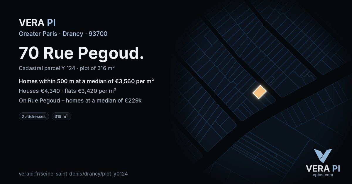 70 Rue Pegoud, Drancy at night – the plot lit, the parcels around coloured by the prices near them