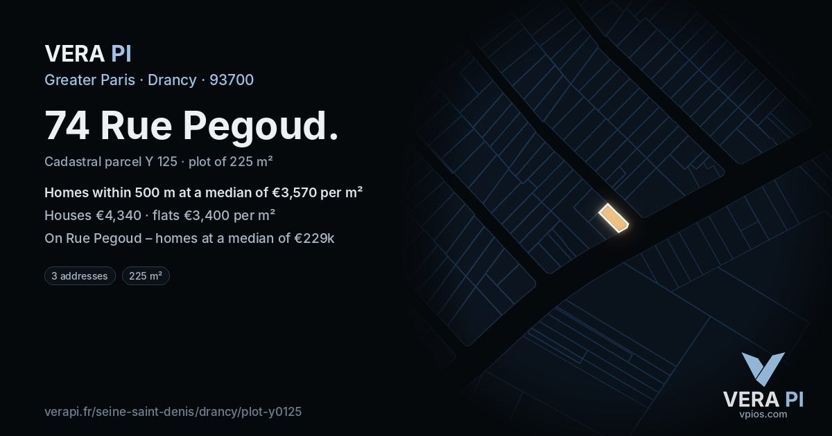 74 Rue Pegoud, Drancy at night – the plot lit, the parcels around coloured by the prices near them