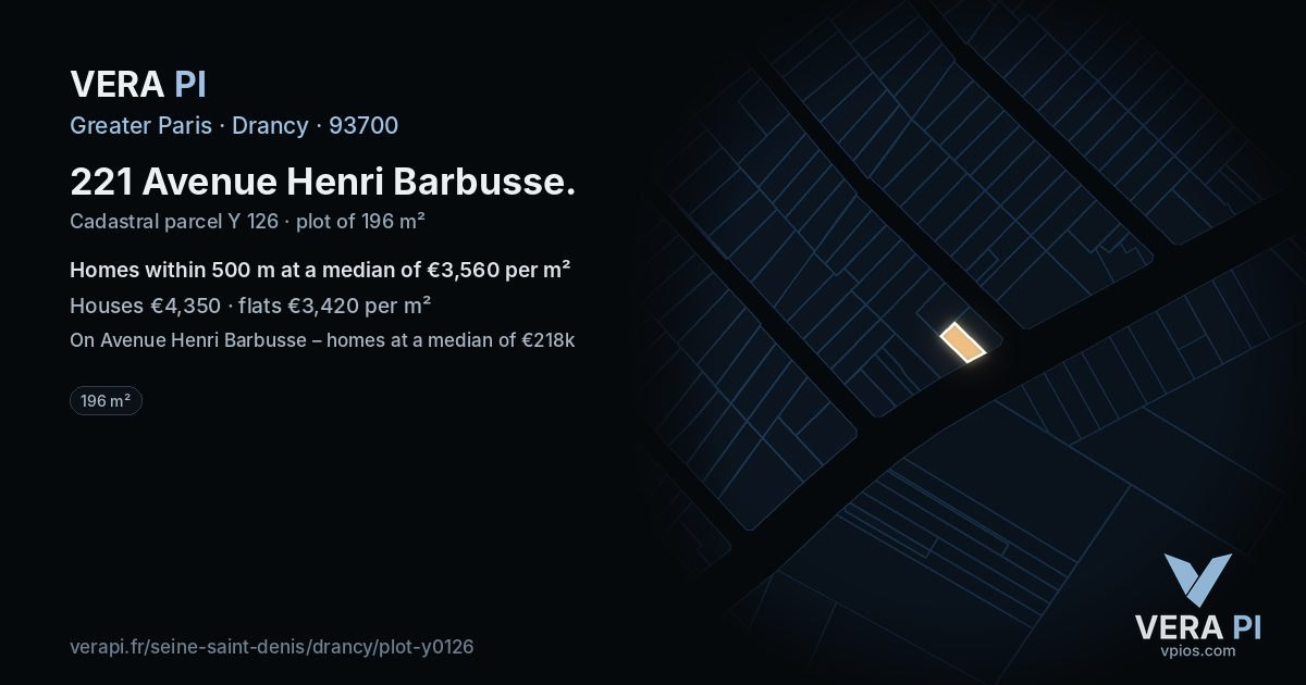 221 Avenue Henri Barbusse, Drancy at night – the plot lit, the parcels around coloured by the prices near them