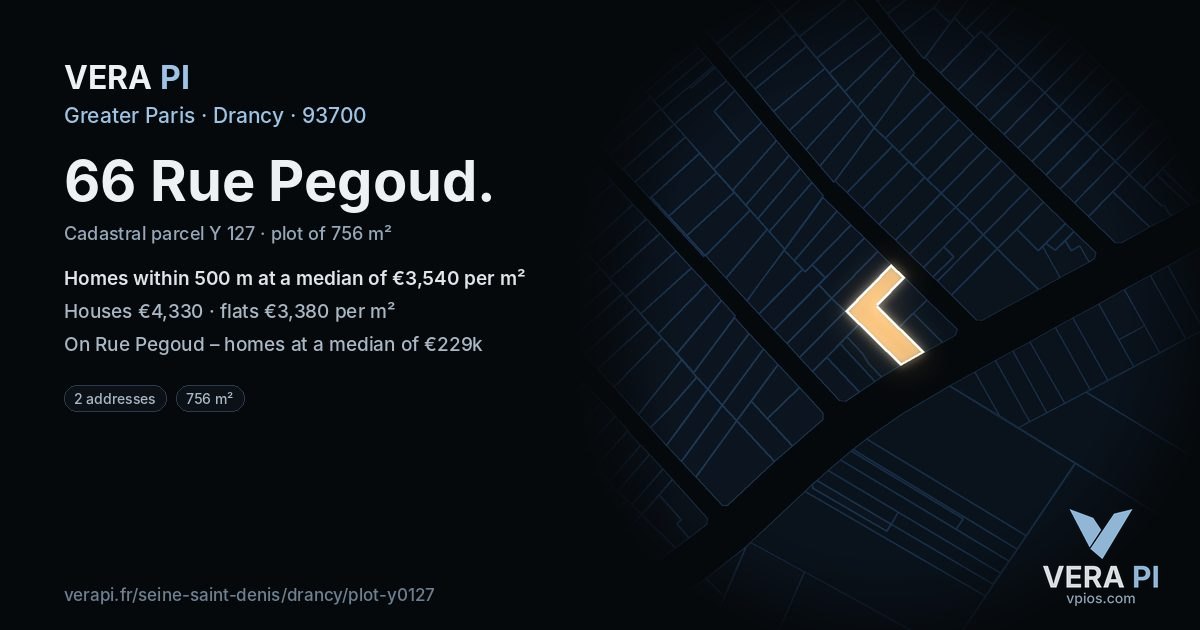 66 Rue Pegoud, Drancy at night – the plot lit, the parcels around coloured by the prices near them