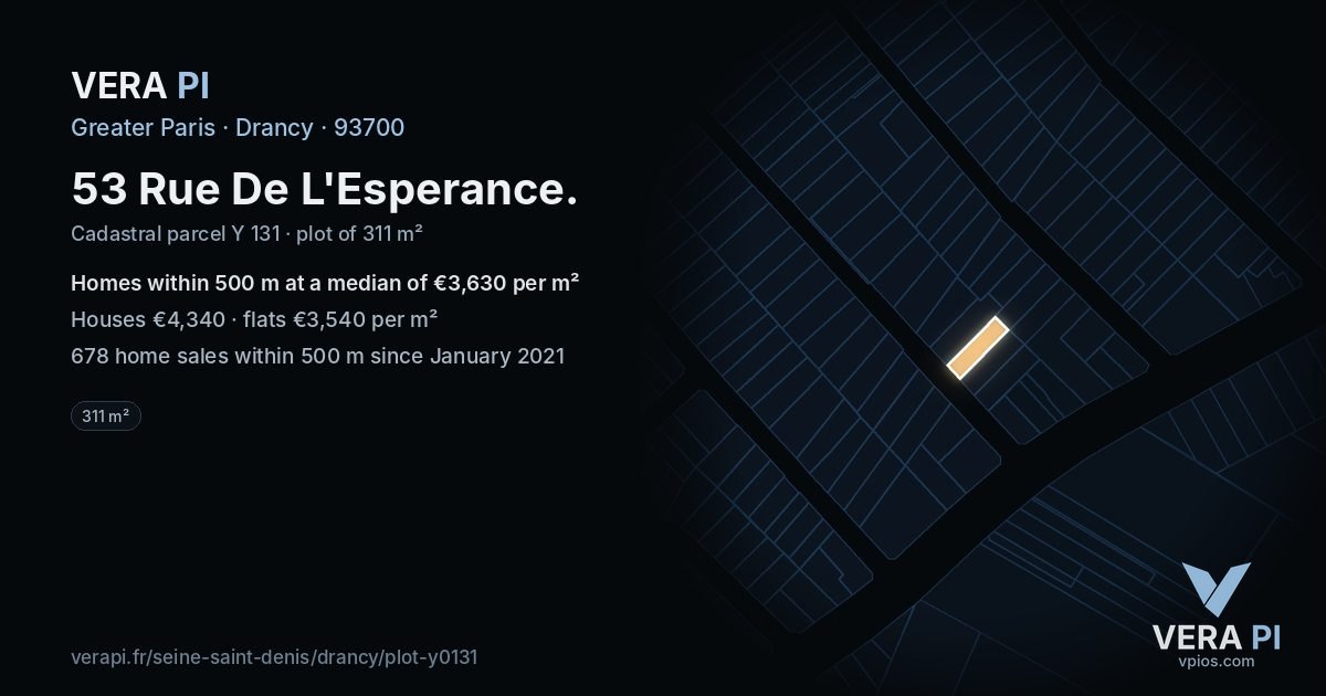 53 Rue De L'Esperance, Drancy at night – the plot lit, the parcels around coloured by the prices near them