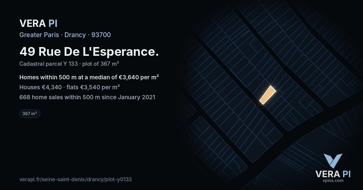 49 Rue De L'Esperance, Drancy at night – the plot lit, the parcels around coloured by the prices near them