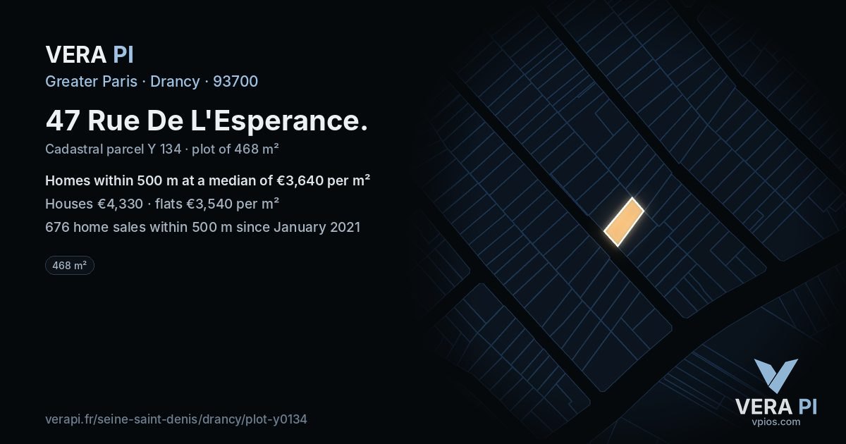 47 Rue De L'Esperance, Drancy at night – the plot lit, the parcels around coloured by the prices near them