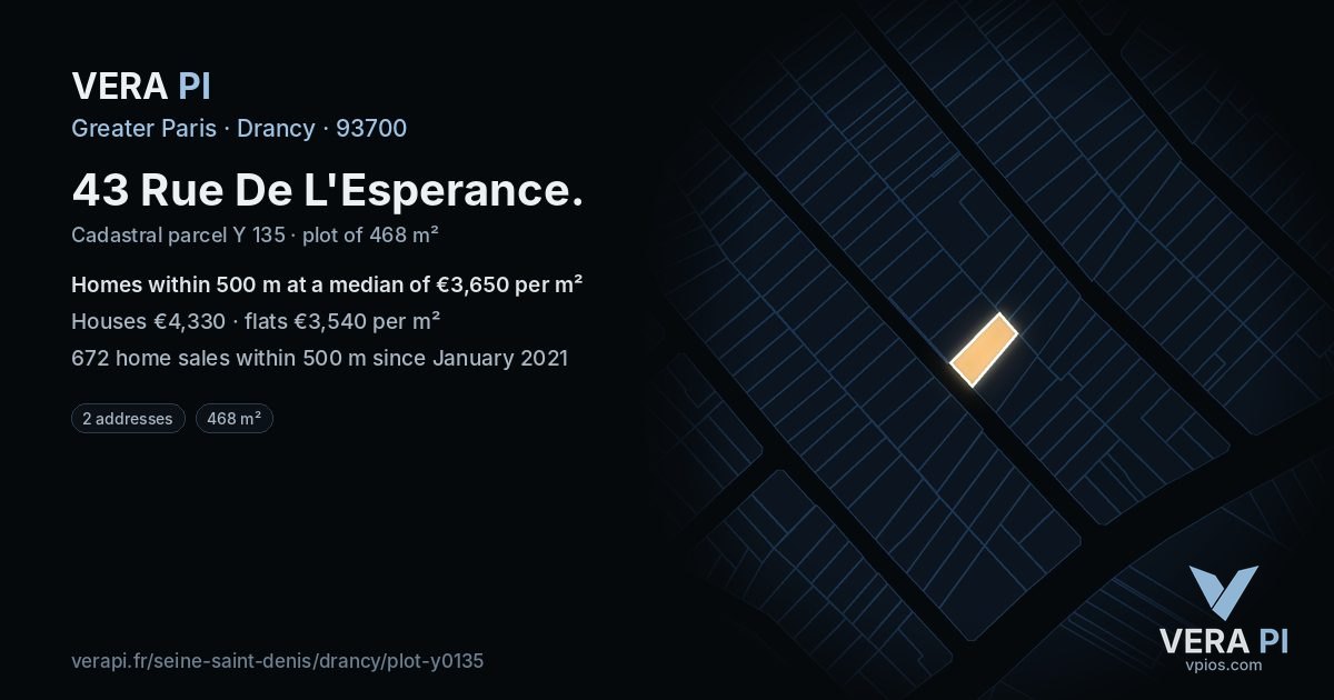43 Rue De L'Esperance, Drancy at night – the plot lit, the parcels around coloured by the prices near them