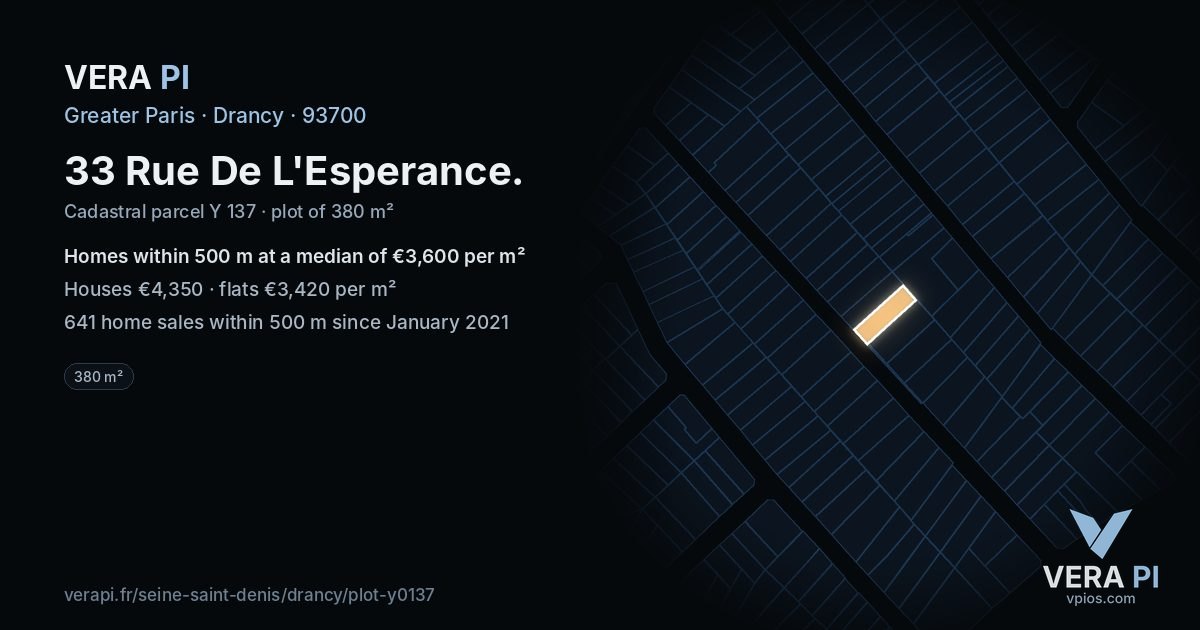 33 Rue De L'Esperance, Drancy at night – the plot lit, the parcels around coloured by the prices near them