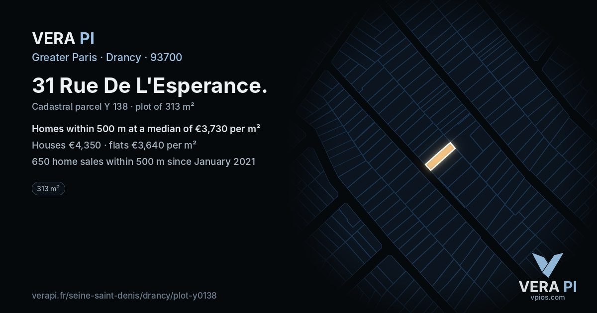 31 Rue De L'Esperance, Drancy at night – the plot lit, the parcels around coloured by the prices near them