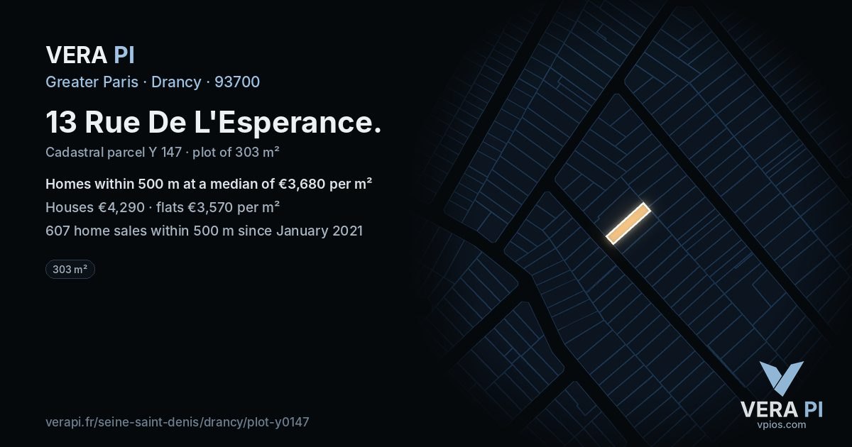 13 Rue De L'Esperance, Drancy at night – the plot lit, the parcels around coloured by the prices near them