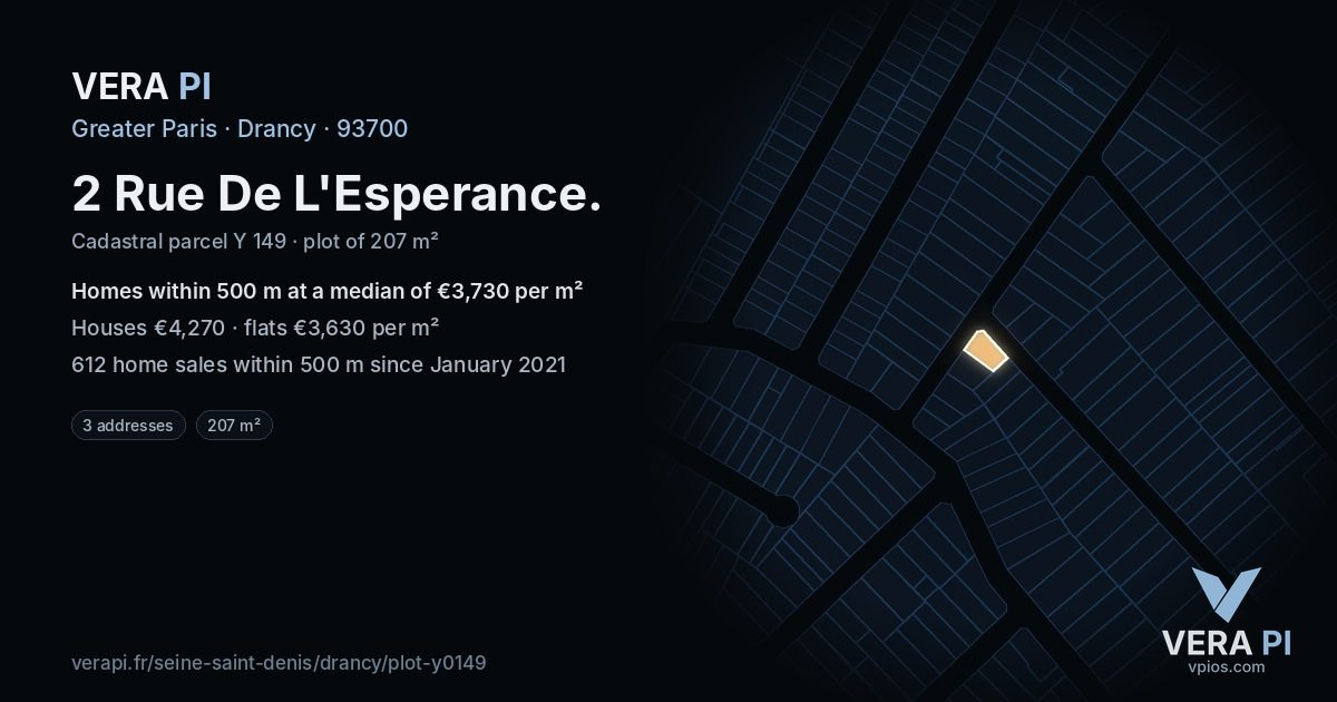 2 Rue De L'Esperance, Drancy at night – the plot lit, the parcels around coloured by the prices near them