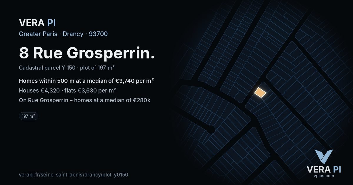 8 Rue Grosperrin, Drancy at night – the plot lit, the parcels around coloured by the prices near them