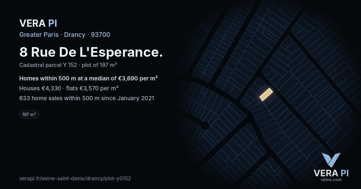 8 Rue De L'Esperance, Drancy at night – the plot lit, the parcels around coloured by the prices near them