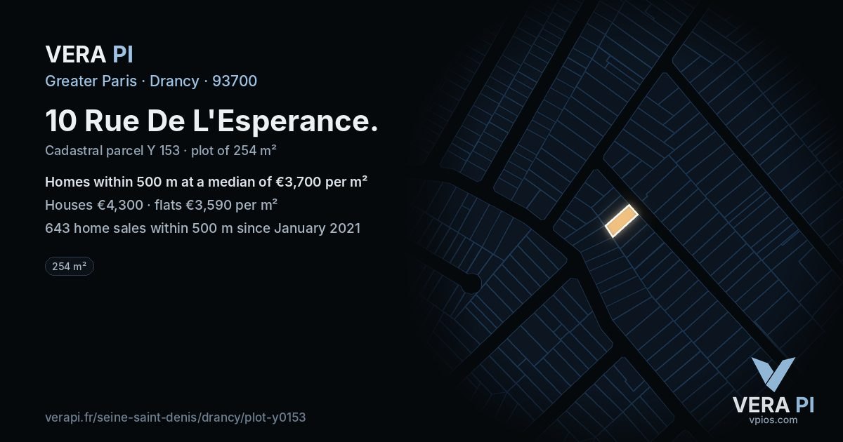 10 Rue De L'Esperance, Drancy at night – the plot lit, the parcels around coloured by the prices near them