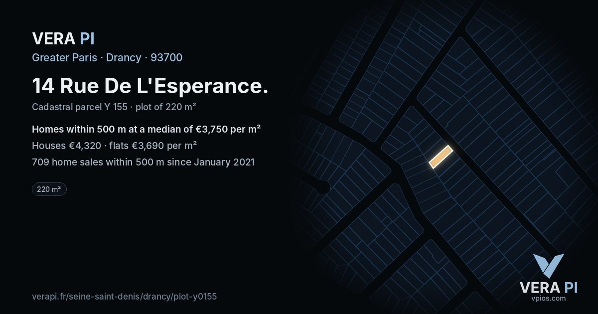 14 Rue De L'Esperance, Drancy at night – the plot lit, the parcels around coloured by the prices near them