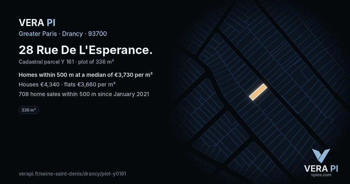 28 Rue De L'Esperance, Drancy at night – the plot lit, the parcels around coloured by the prices near them