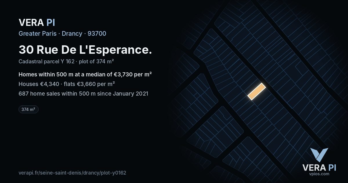 30 Rue De L'Esperance, Drancy at night – the plot lit, the parcels around coloured by the prices near them