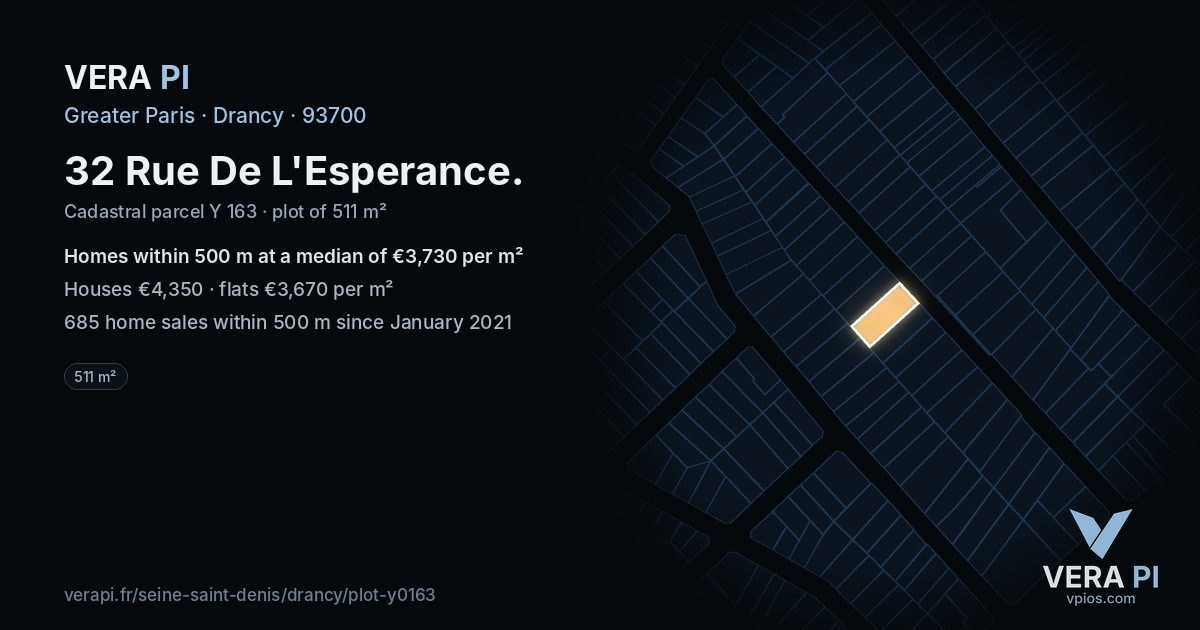 32 Rue De L'Esperance, Drancy at night – the plot lit, the parcels around coloured by the prices near them