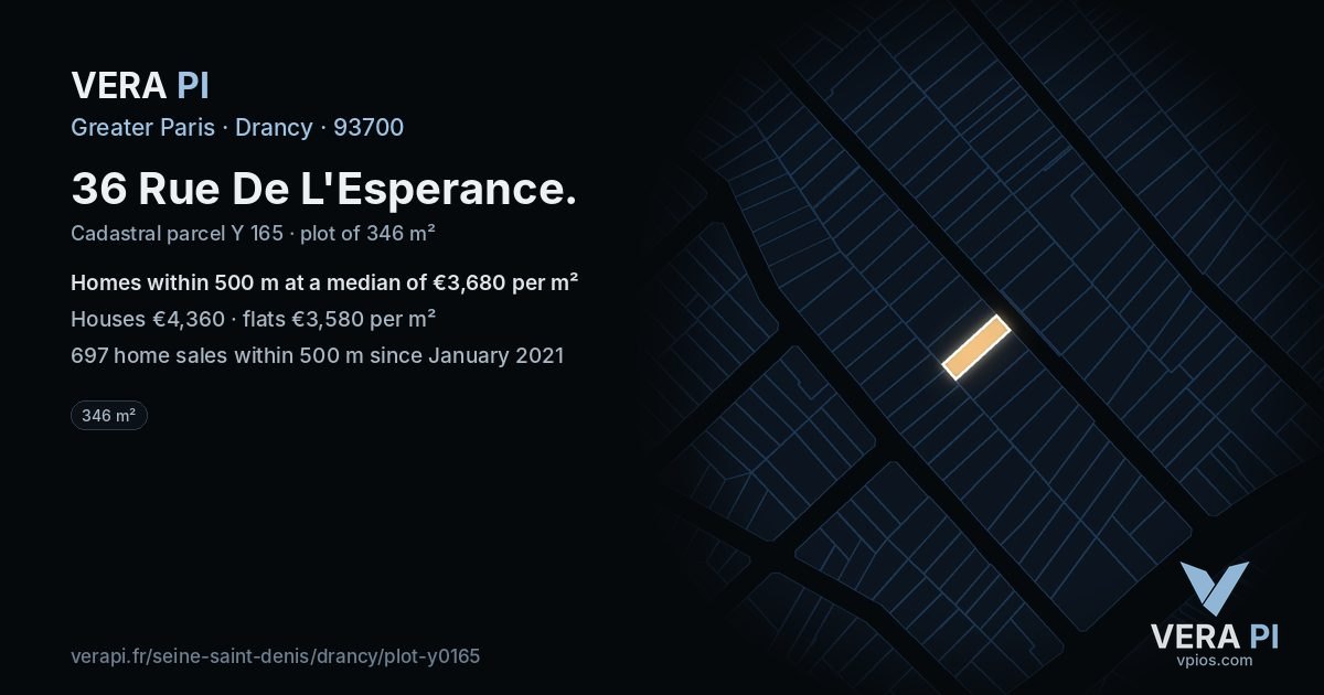 36 Rue De L'Esperance, Drancy at night – the plot lit, the parcels around coloured by the prices near them