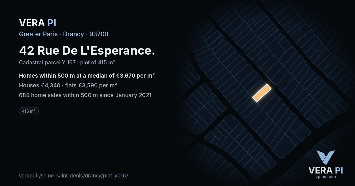 42 Rue De L'Esperance, Drancy at night – the plot lit, the parcels around coloured by the prices near them