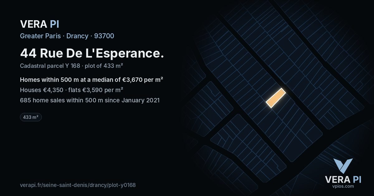 44 Rue De L'Esperance, Drancy at night – the plot lit, the parcels around coloured by the prices near them